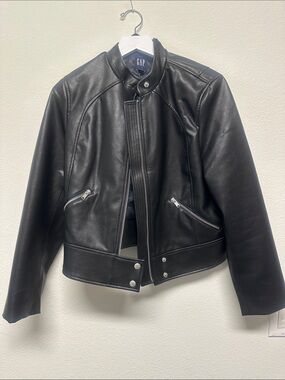 GAP Black Faux Leather Moto Jacket with Zip Pockets - LP